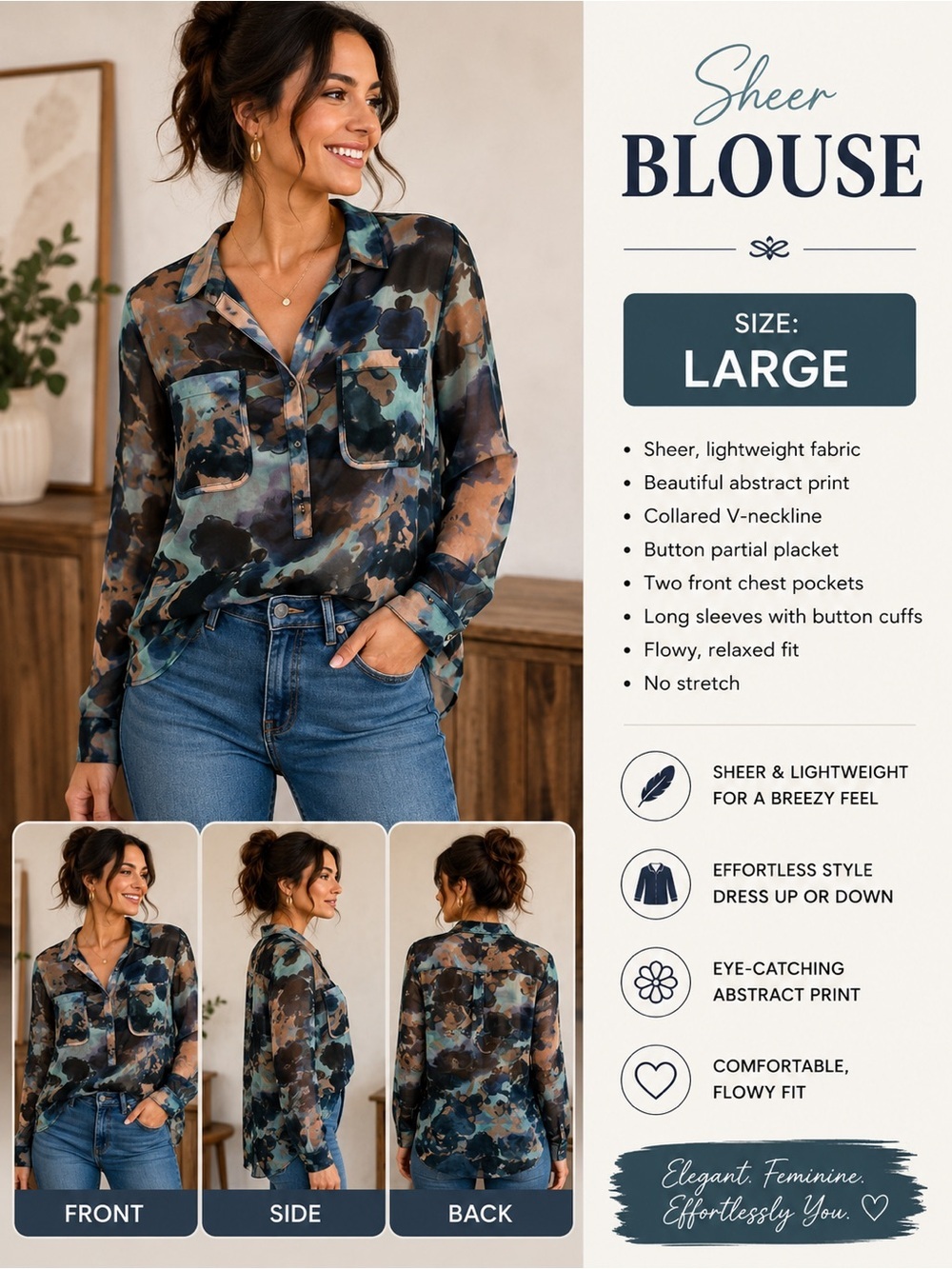 Milano Sheer Abstract Blouse in Blue and Green LARGE